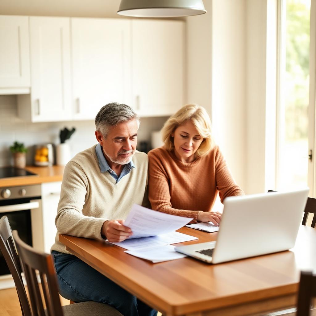 A couple reviewing their old car finance paperwork at home