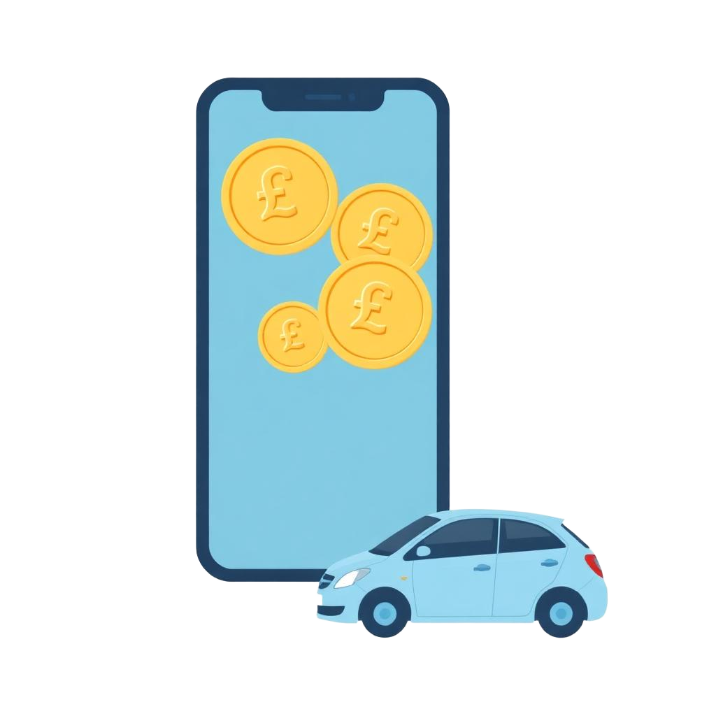 Smartphone with pound coins and small car